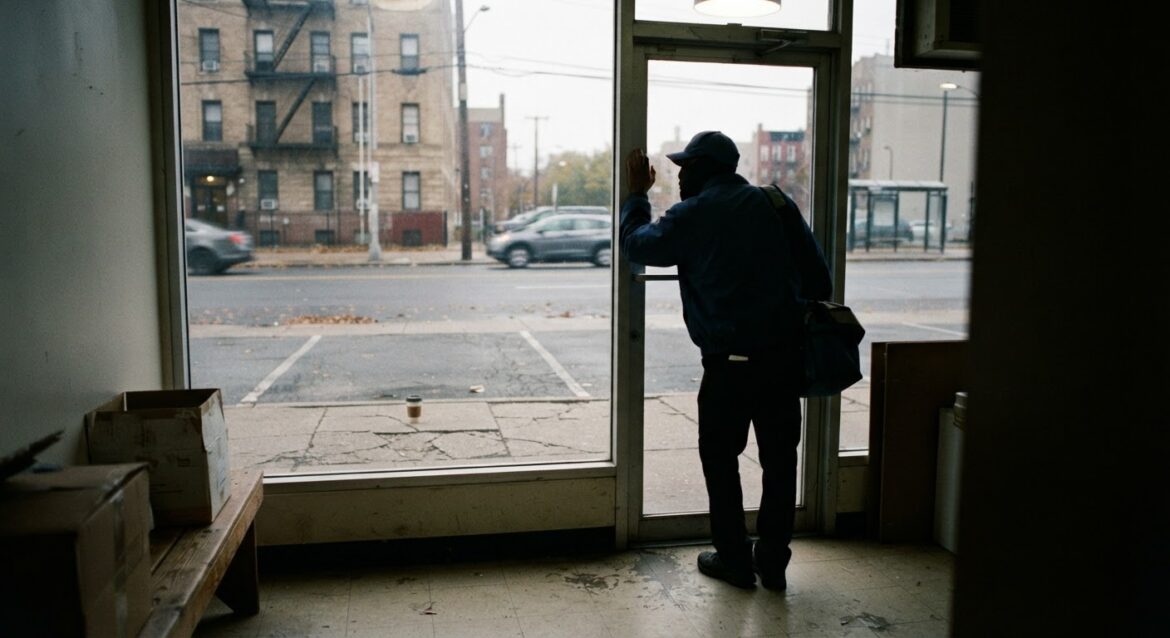 A delivery driver standing on a sidewalk looking at an empty parking spot where their car used to be