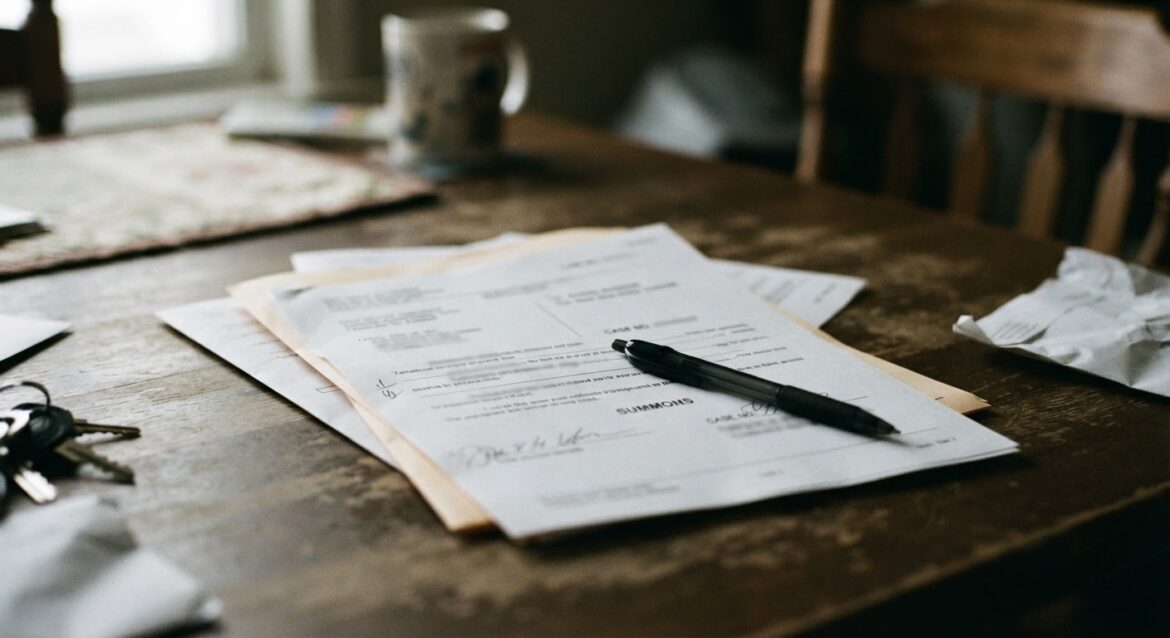 A court summons document for a debt collection lawsuit with a pen on top