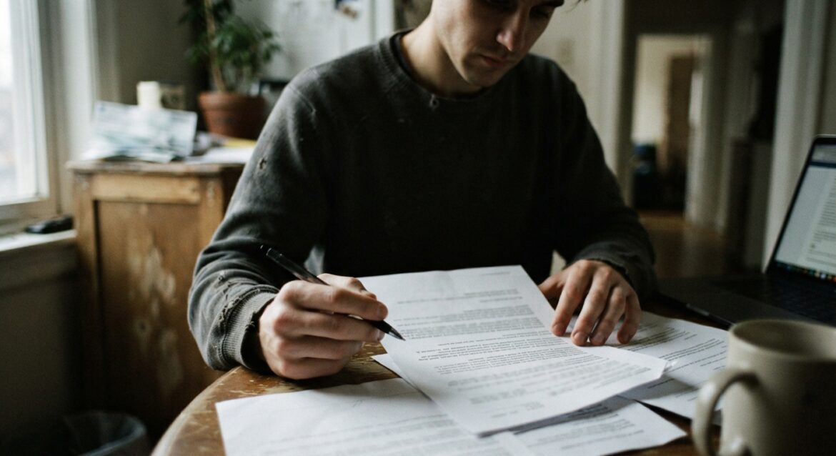 A person reviewing a severance agreement document with a pen in hand