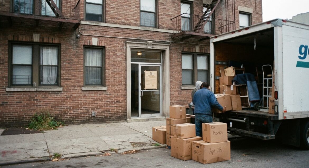 A moving truck and boxes outside an apartment building with a sheriff's notice on the door