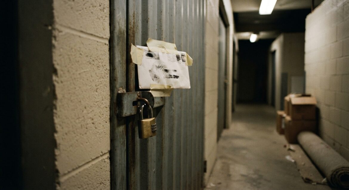 a padlocked storage unit door with an overdue notice taped to it