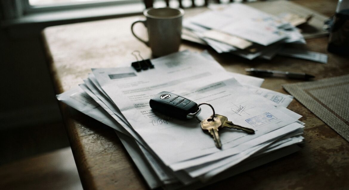 A car key resting on top of a vehicle title loan paperwork stack