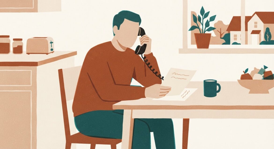 A person on the phone at a kitchen table holding a denied utility payment plan letter, looking determined