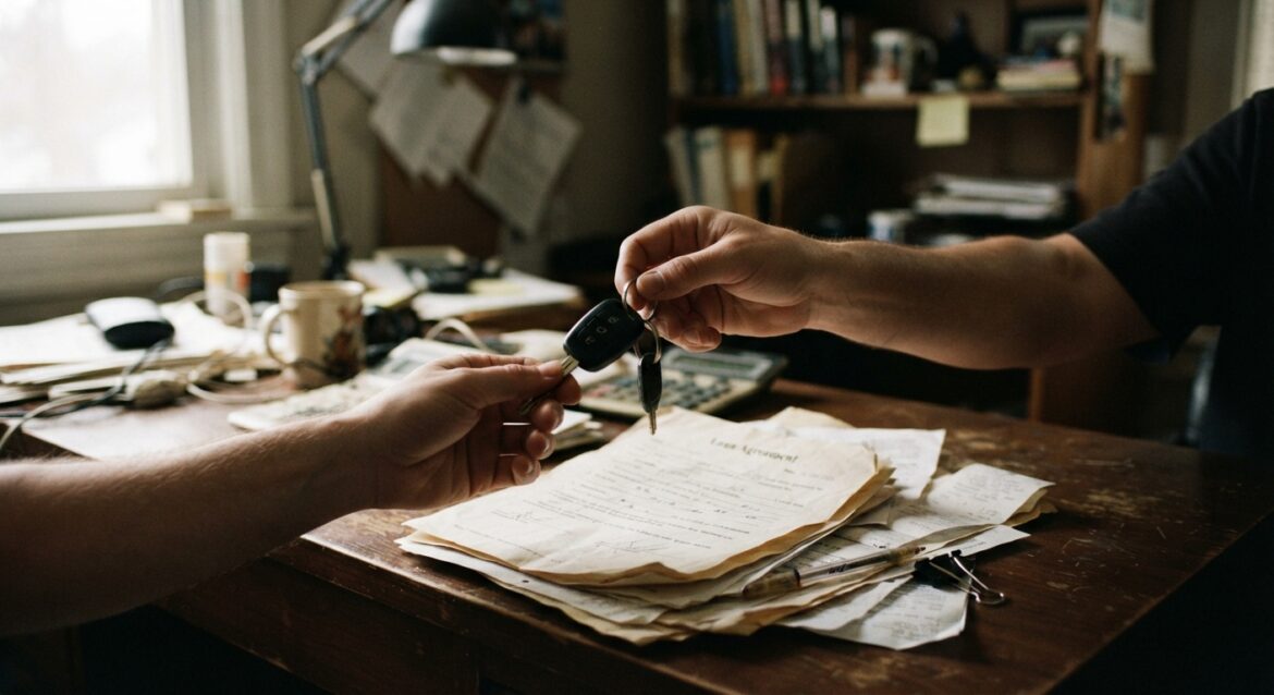 A car key being handed over next to a loan document on a desk