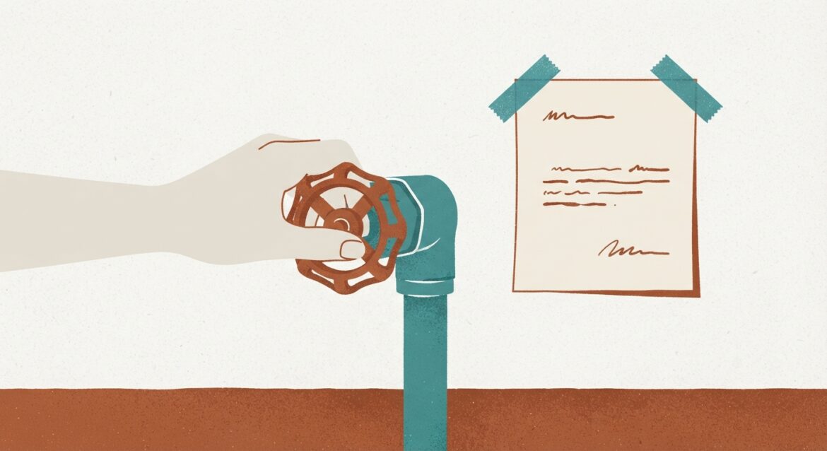 a hand turning off an outdoor water shutoff valve with a shutoff notice taped nearby