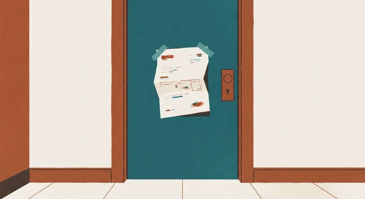 a folded eviction notice taped to an apartment door