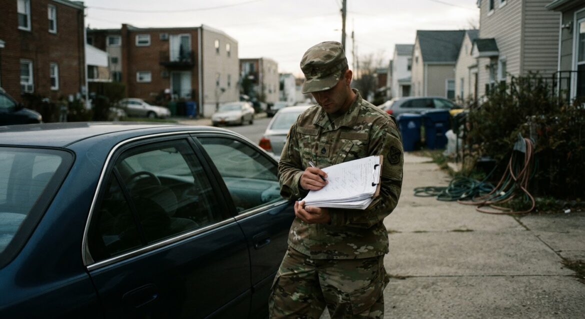 a soldier in uniform reviewing paperwork next to a parked car