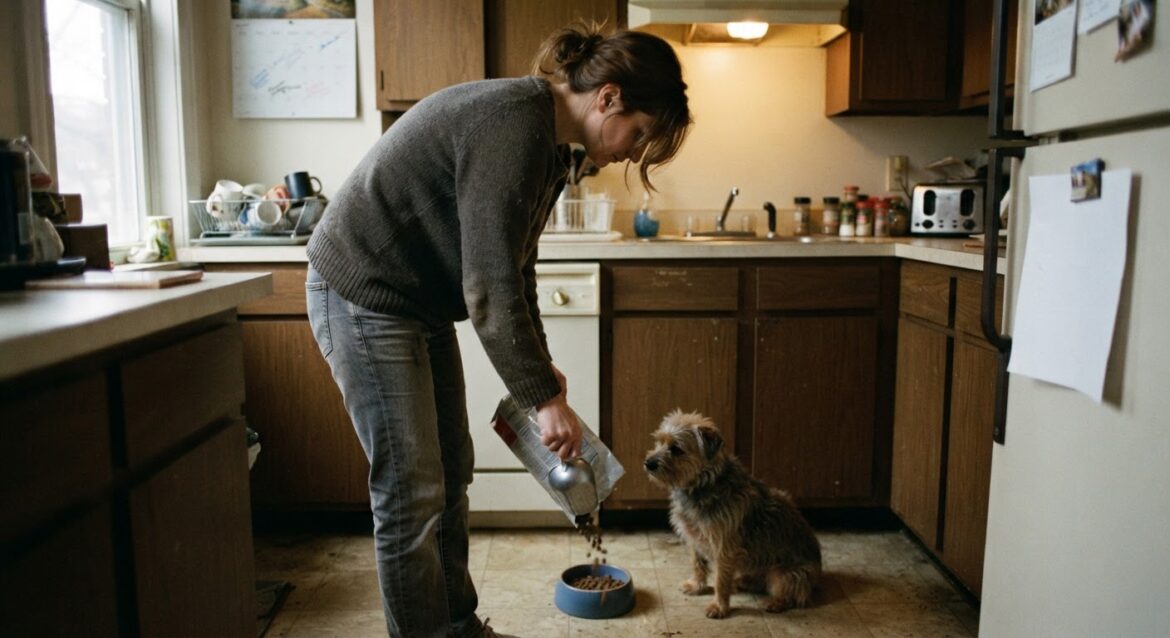 a person filling a small dog's food bowl in a modest kitchen