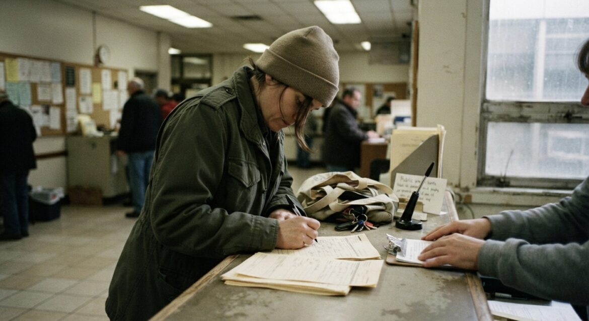 A person filling out a court fee waiver form at a courthouse clerk's counter