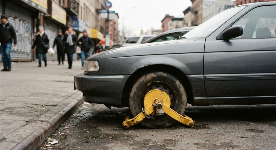 A yellow wheel boot locked onto a car tire on a city street