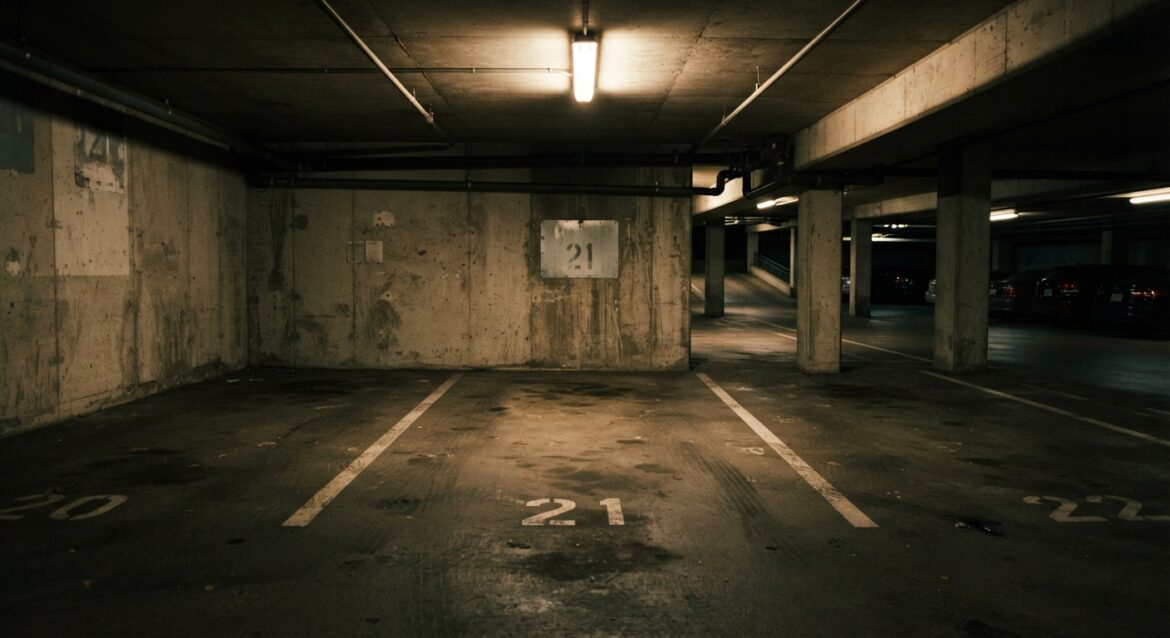 An empty numbered parking space in a covered garage at night