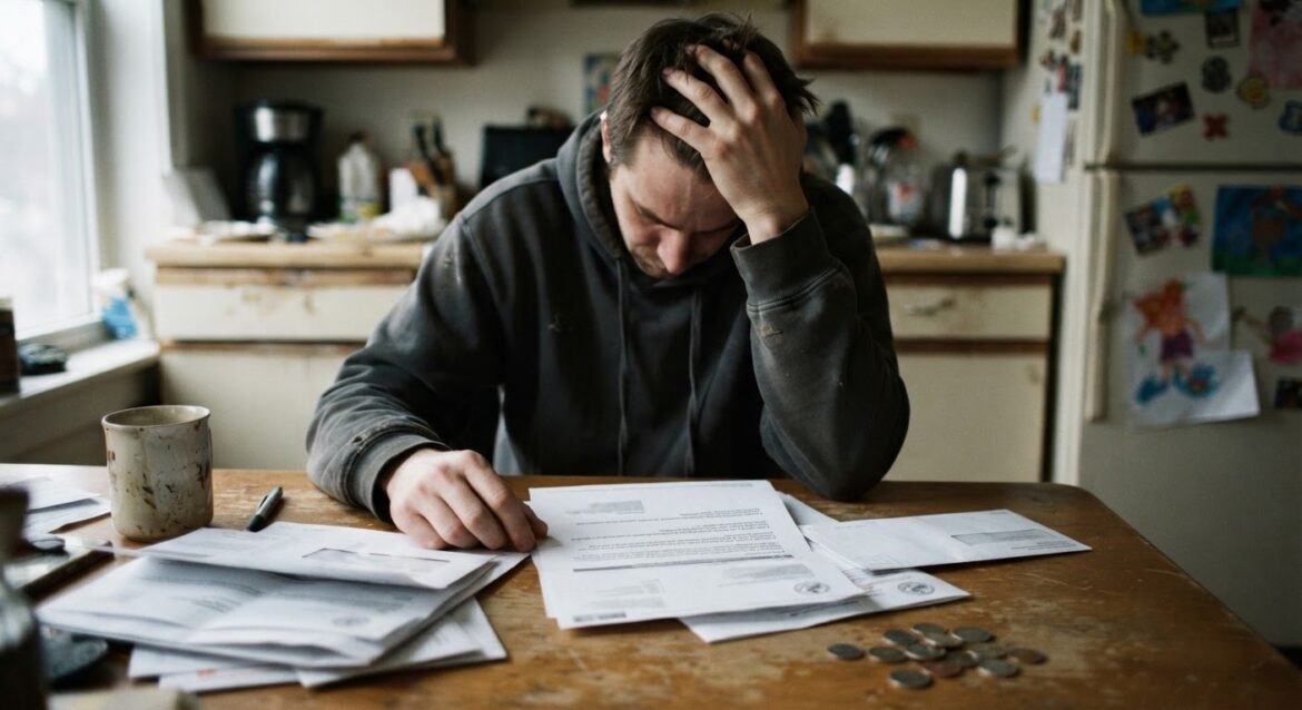A stressed person reviewing a Treasury Offset Program notice letter at a kitchen table