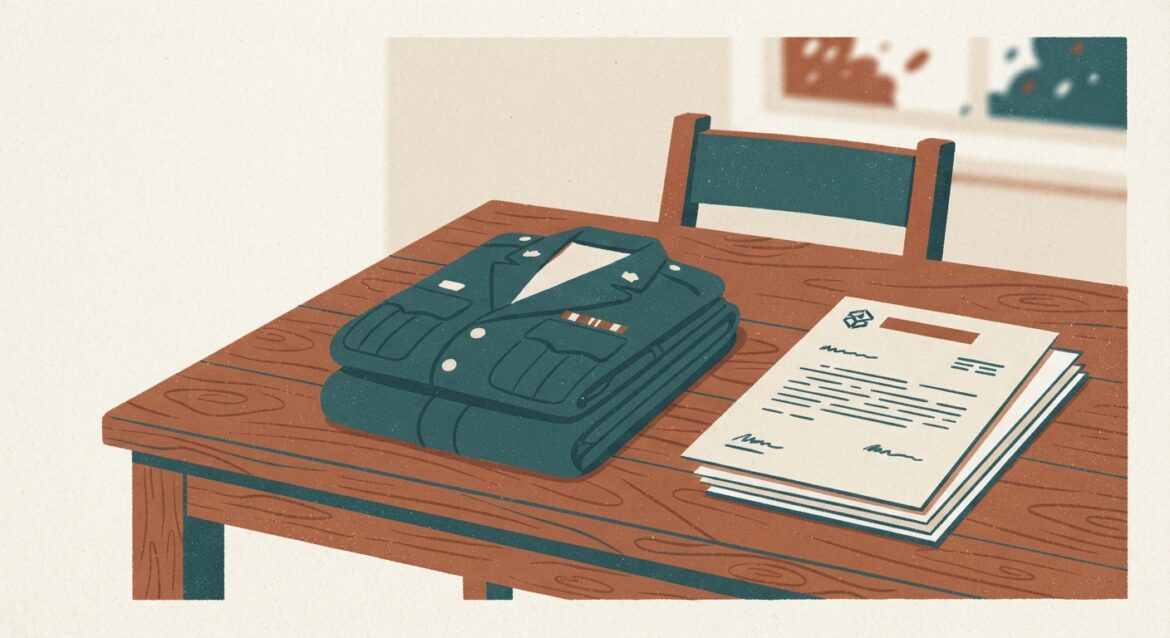 a folded military uniform next to an eviction notice on a kitchen table