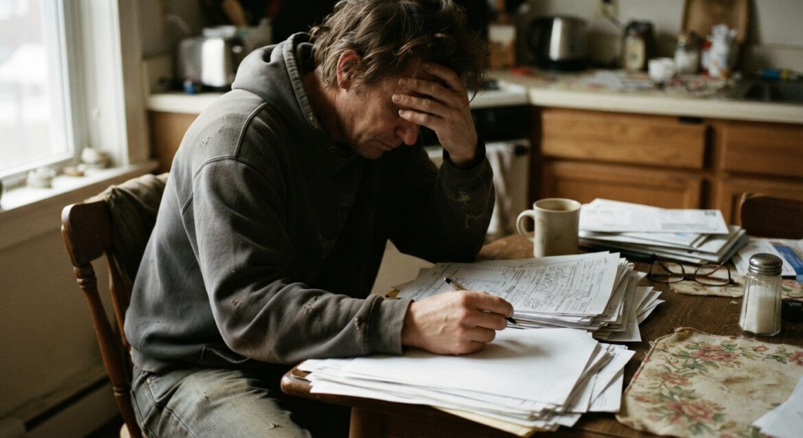 A stressed tenant reviewing a stack of rental assistance paperwork at a kitchen table