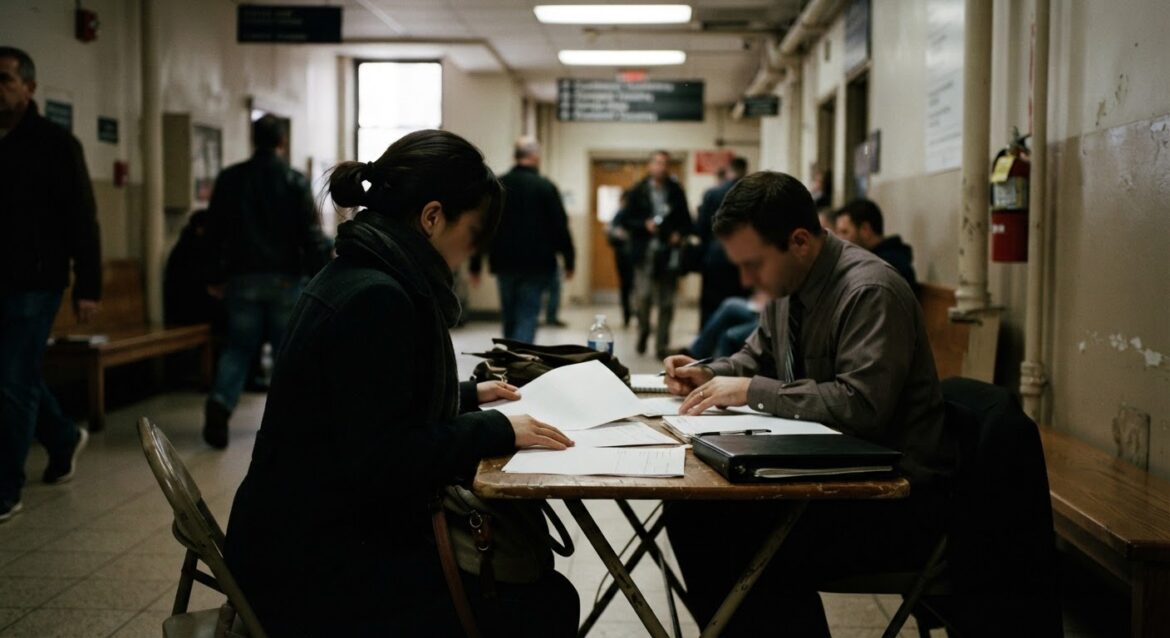 A tenant and mediator sitting across a table reviewing paperwork in a courthouse hallway
