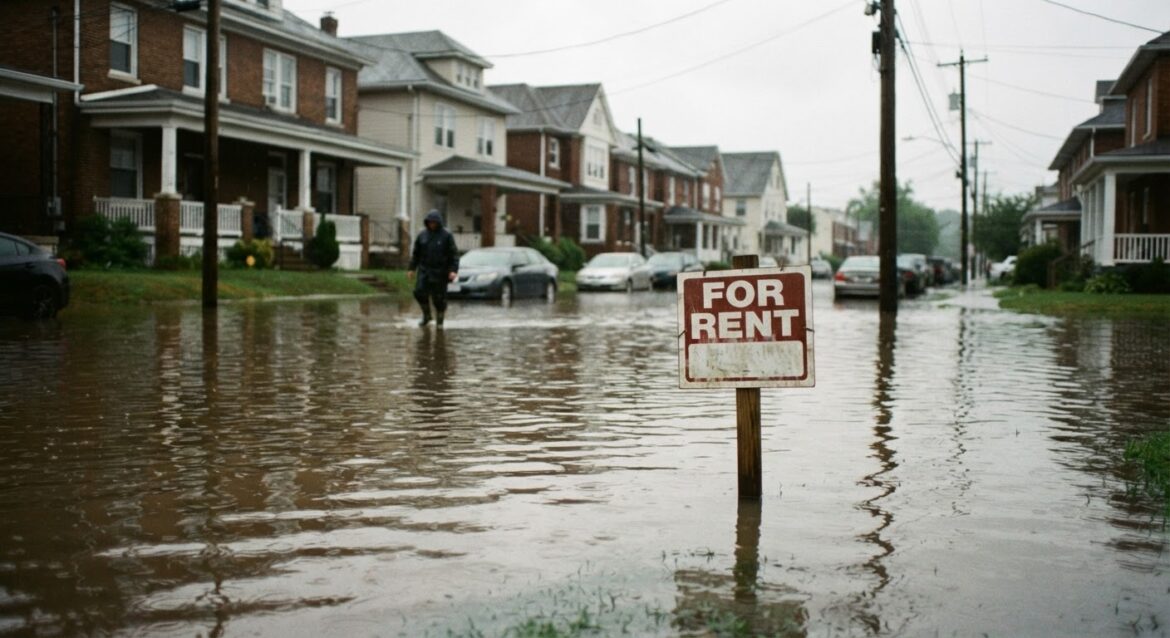 a flooded residential street with a for-rent sign half submerged