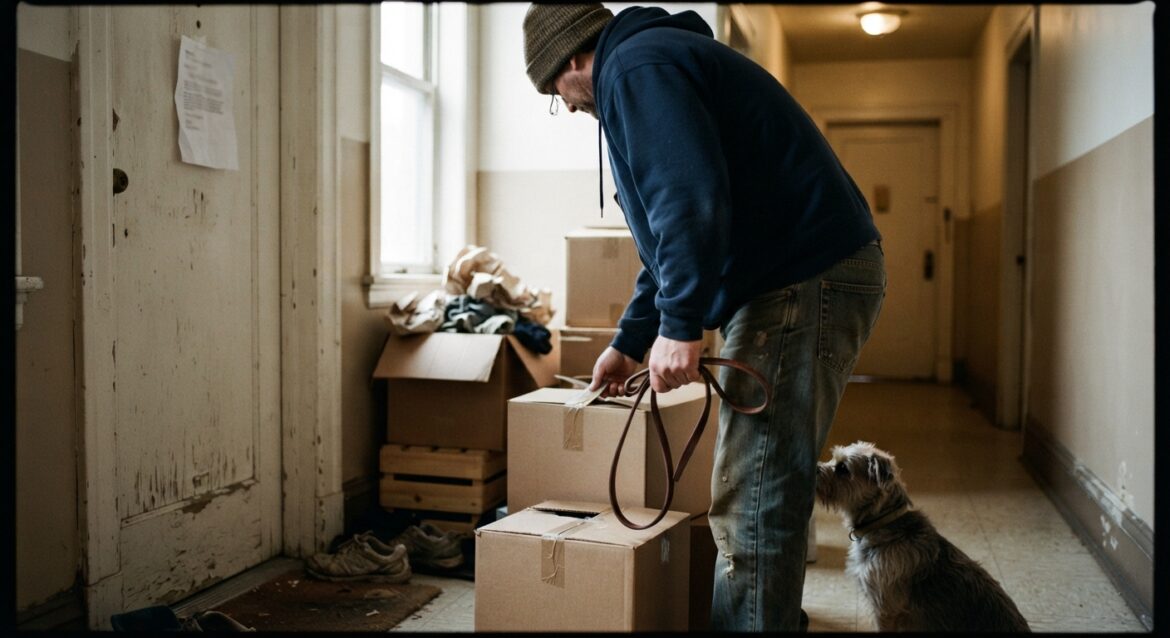 A person holding a dog leash while packing boxes near a door with an eviction notice, showing worry