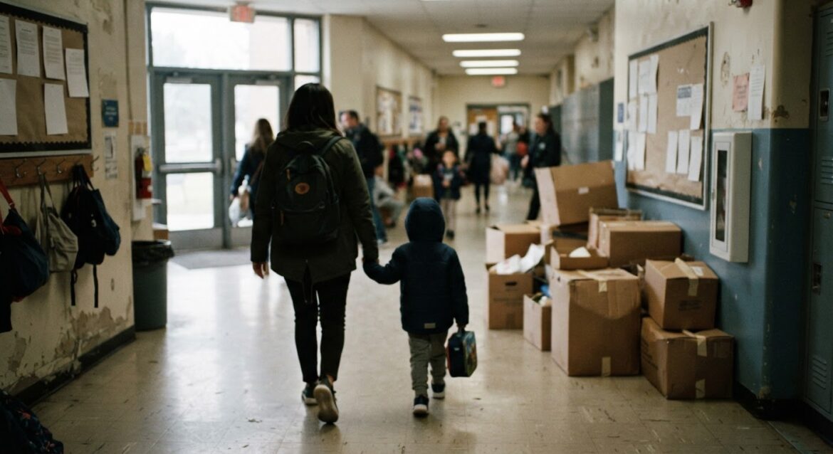 A parent walking a child into a school building with moving boxes visible in the background