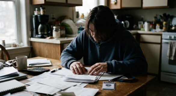 A furloughed federal employee reviewing bills at a kitchen table with a government ID badge nearby