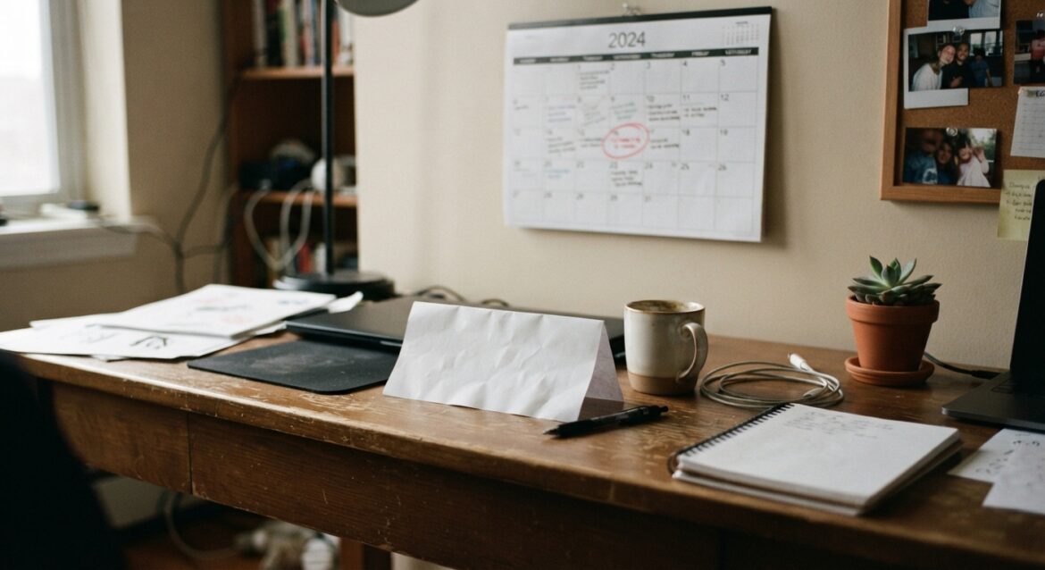 An empty office desk with a folded name tag and a return-to-work date circled on a wall calendar