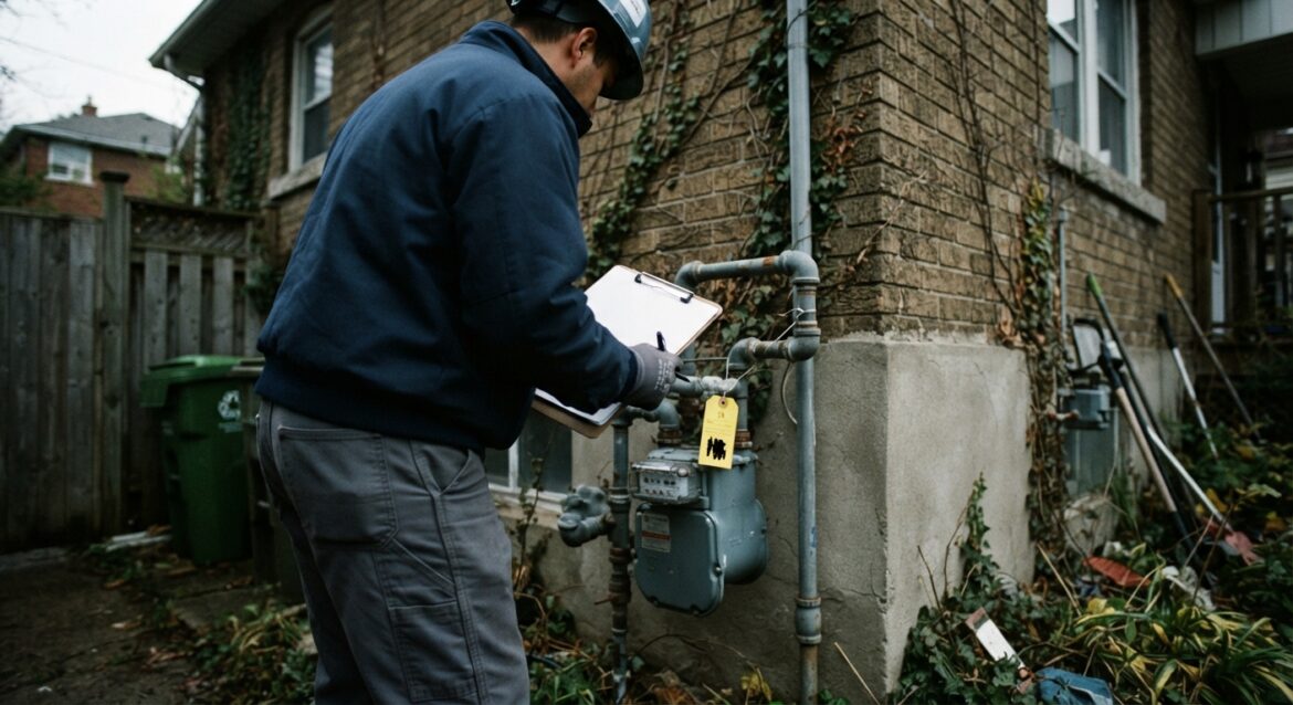 A utility technician inspecting a gas meter outside a residential home with a warning tag attached