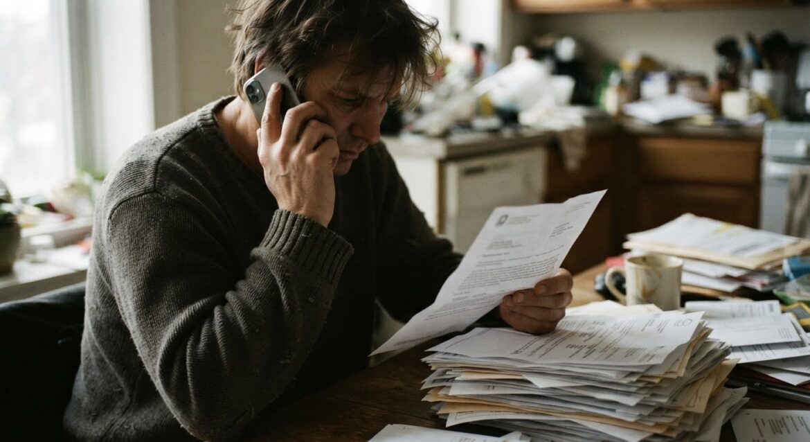 A person on the phone holding an insurance denial letter next to a stack of hospital paperwork