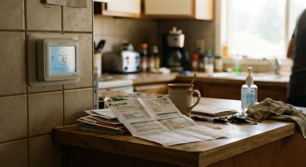 A thermostat and an electric bill sitting on a kitchen counter during a heat wave