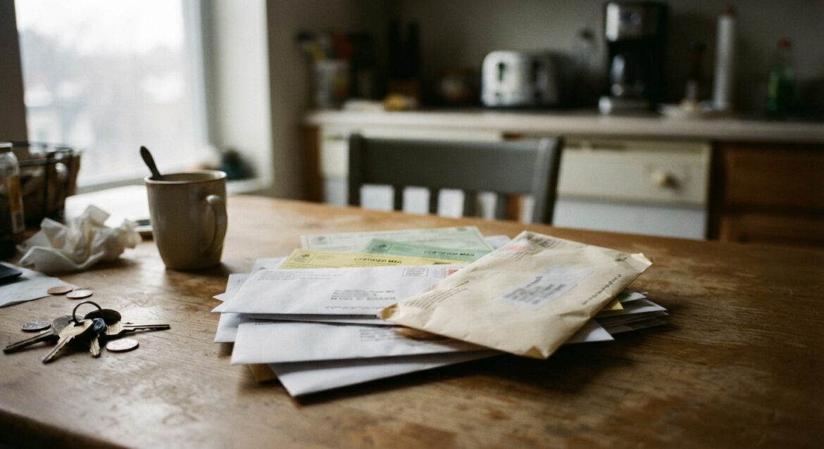 A stack of certified mail notices and an HOA lien letter on a kitchen table