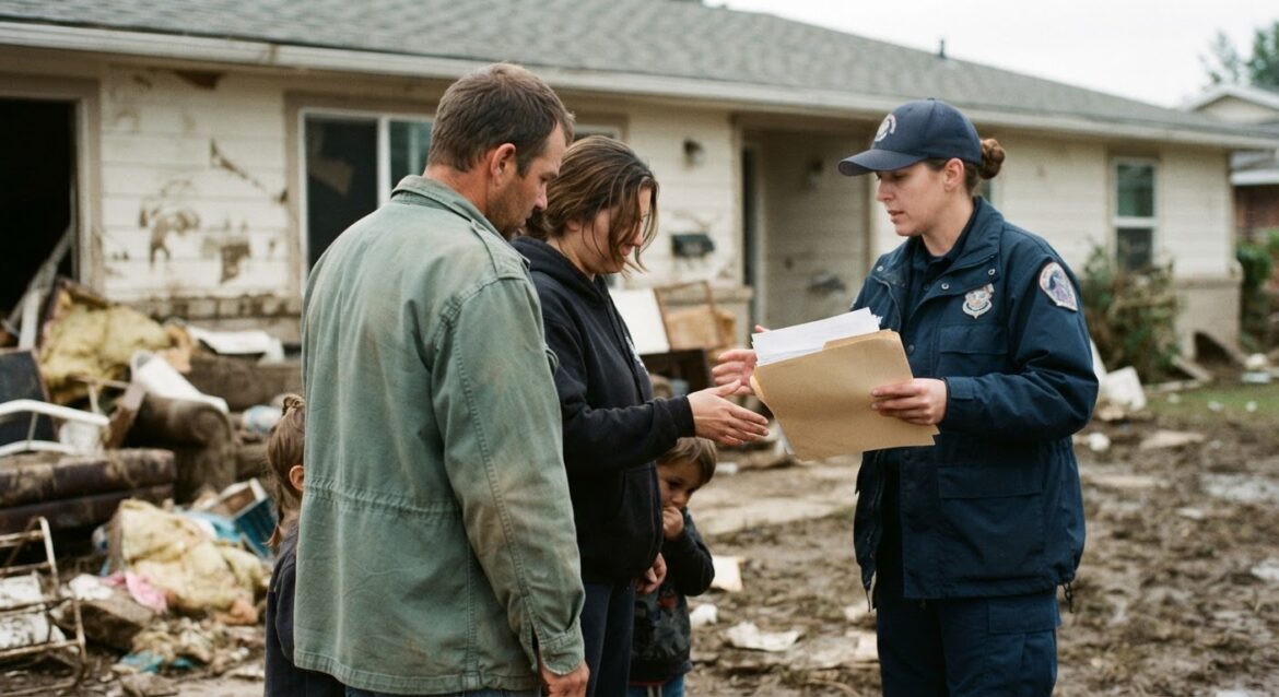 A family standing outside a fire- or flood-damaged home with an emergency responder handing them a folder of assistance information