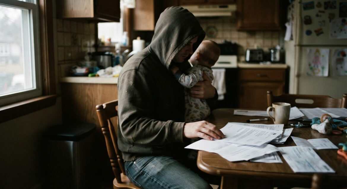 A parent holding a baby while reviewing a layoff letter and paperwork at a kitchen table