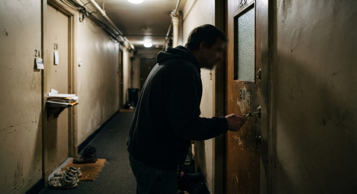 A tenant standing outside an apartment door holding a key that doesn't work, looking through a window