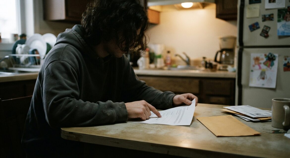 A tenant reviewing a cash-for-keys agreement letter at a kitchen table with a landlord's envelope nearby