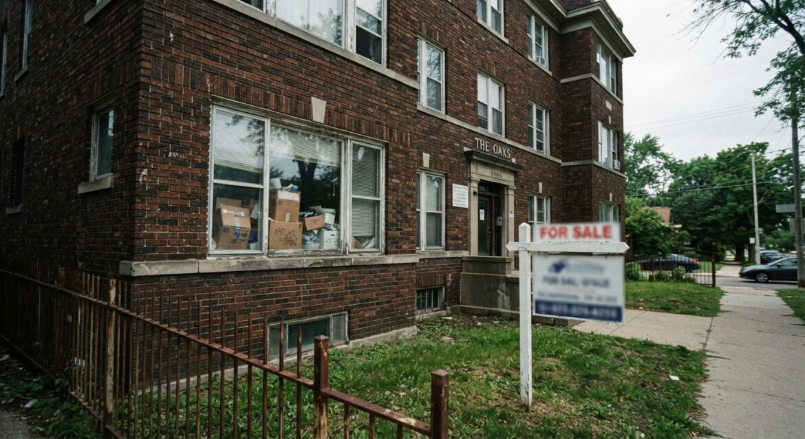 A 'For Sale' sign posted in front of an apartment building with moving boxes visible in a window