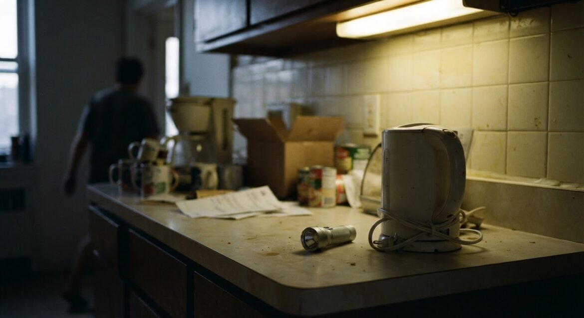 A dark apartment interior with an unplugged appliance and a flashlight on the counter