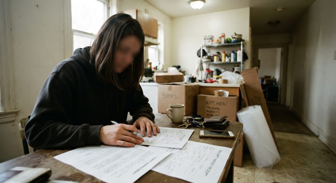 A person reviewing a lease and security deposit receipt at a kitchen table with moving boxes in the background
