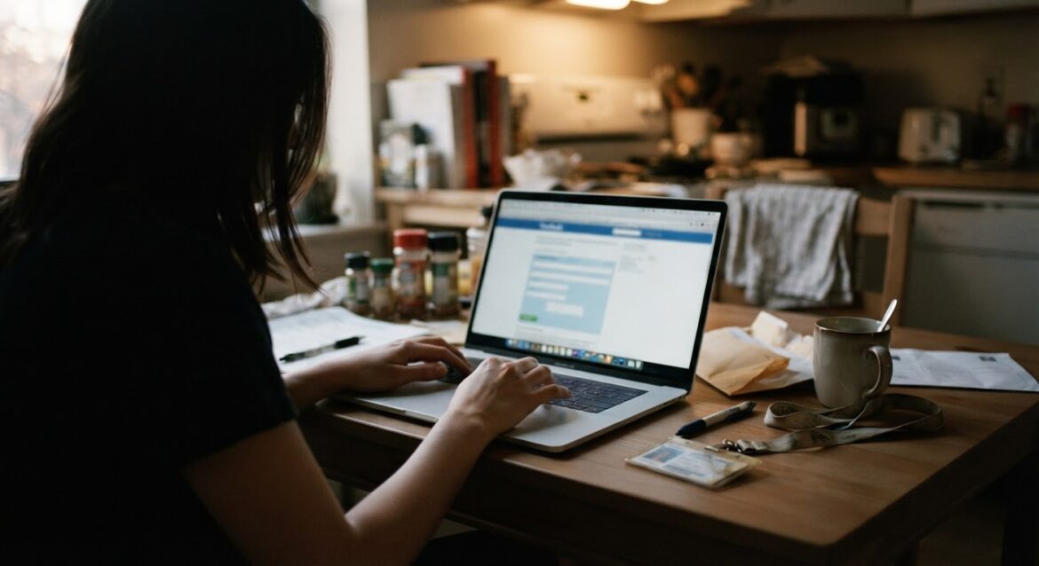 A person filling out a health insurance enrollment form on a laptop with an expired employer ID badge nearby