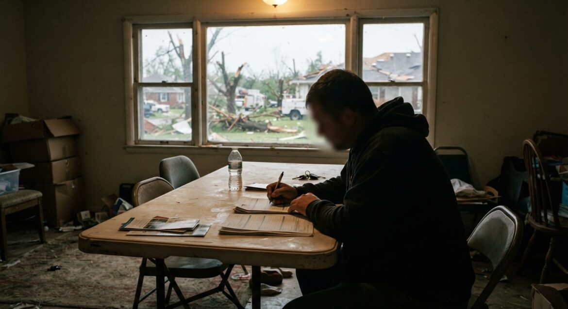 A person filling out a disaster assistance form at a folding table with storm damage visible through a window behind them