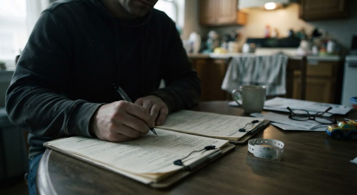 a parent filling out hospital paperwork with a child's medical bracelet nearby