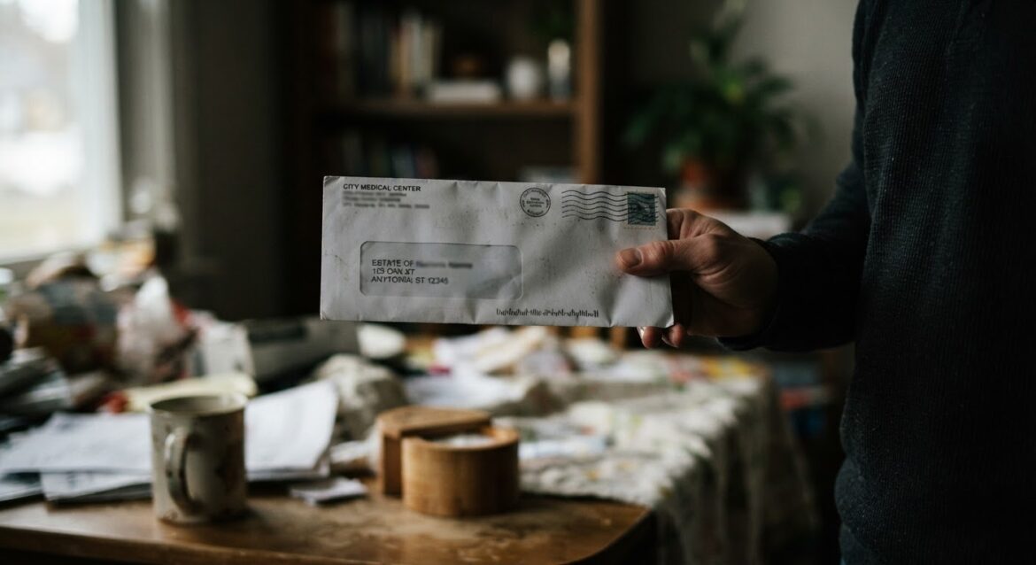 A hand holding a medical bill envelope addressed to a deceased person's estate