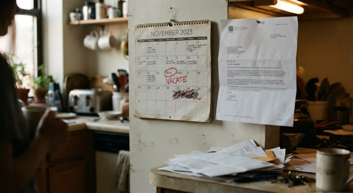 A calendar with a notice-to-vacate letter and a red circled date