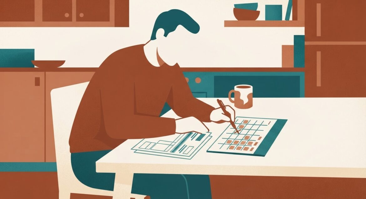 A person reviewing a pay stub and calendar at a kitchen table, calculating days until their first paycheck