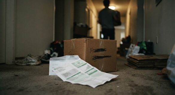 A moving box next to a utility bill showing a deposit due amount