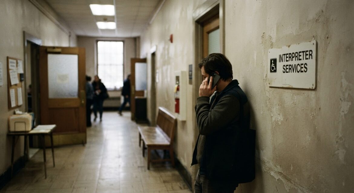 A courthouse hallway with a person on the phone next to a sign reading 'Interpreter Services'
