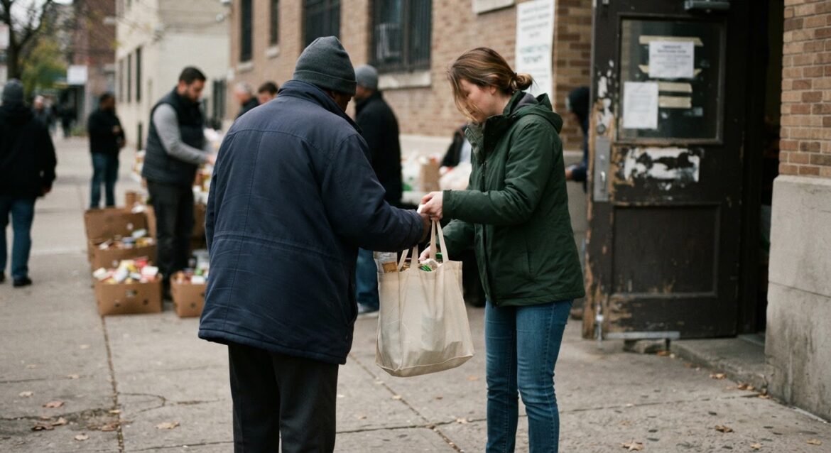 A volunteer handing a grocery bag to a person outside a community food pantry, no paperwork visible