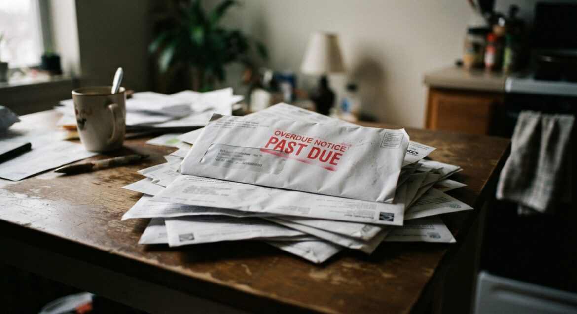 a stack of overdue credit card statements with a red past due stamp