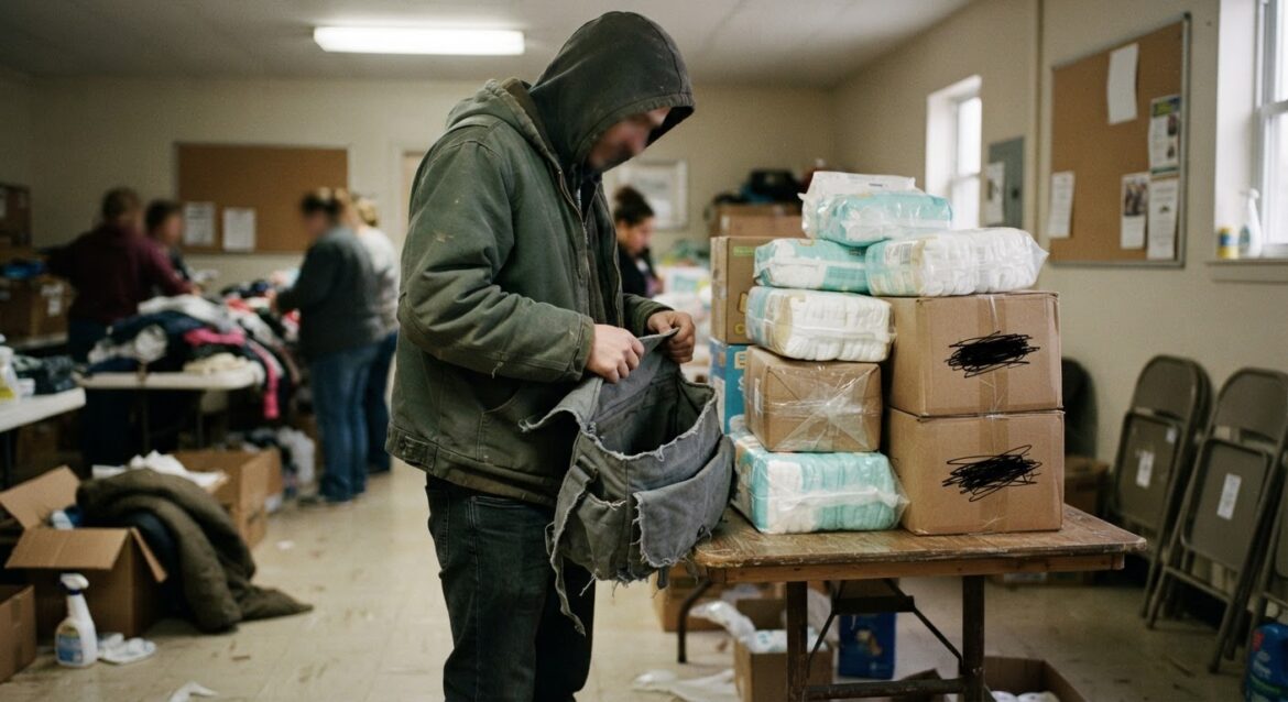 A worried parent holding an empty diaper bag next to a stack of donated diapers at a community assistance center