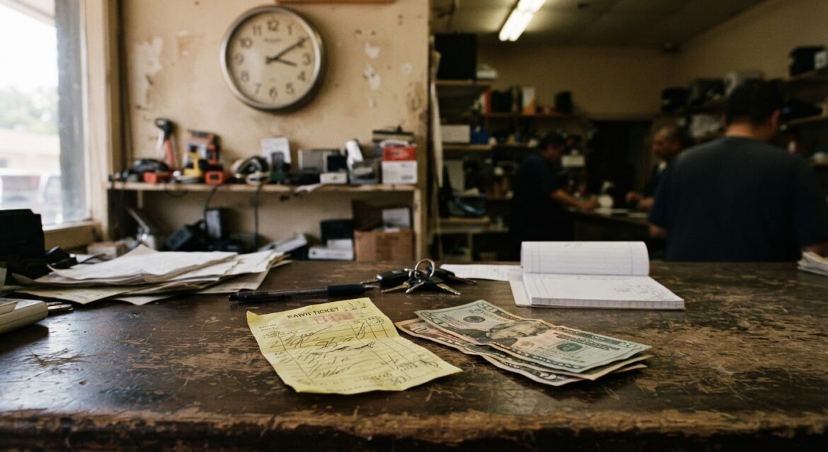 a pawn shop ticket and cash on a counter with a clock in the background