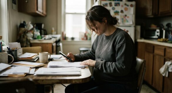 A pregnant woman reviewing paperwork at a kitchen table with a phone in hand