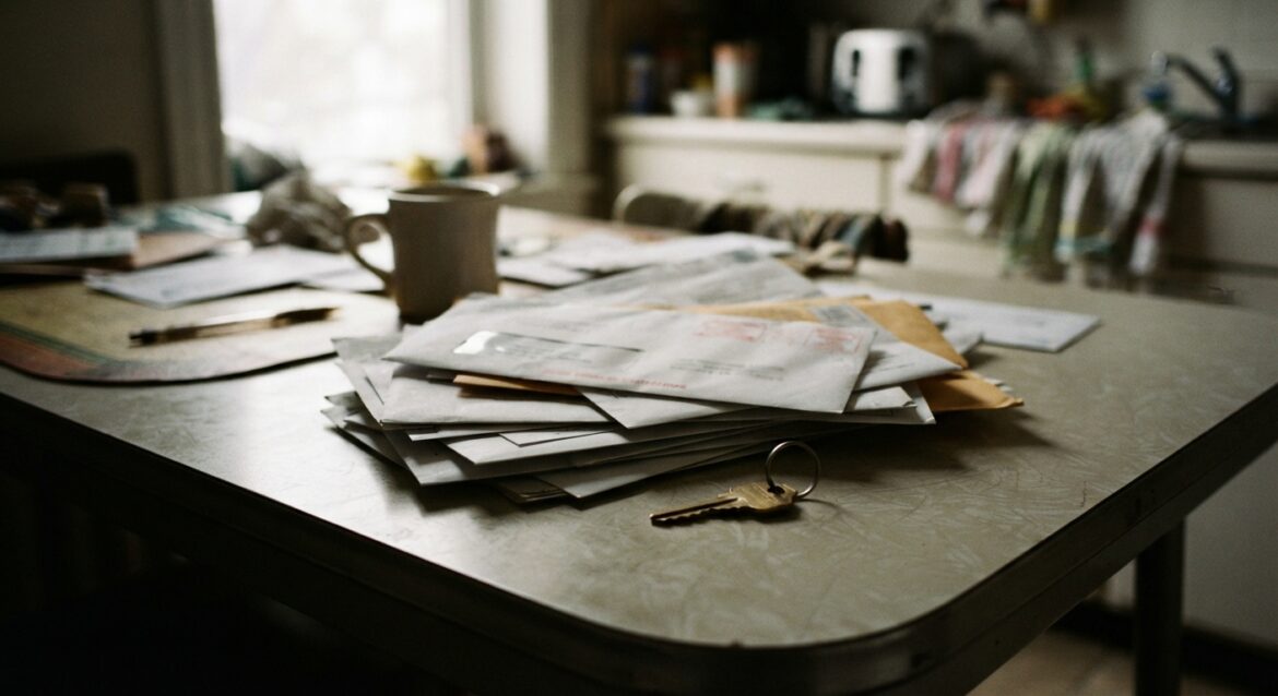 A stack of red-stamped county tax foreclosure notices next to a house key on a kitchen table