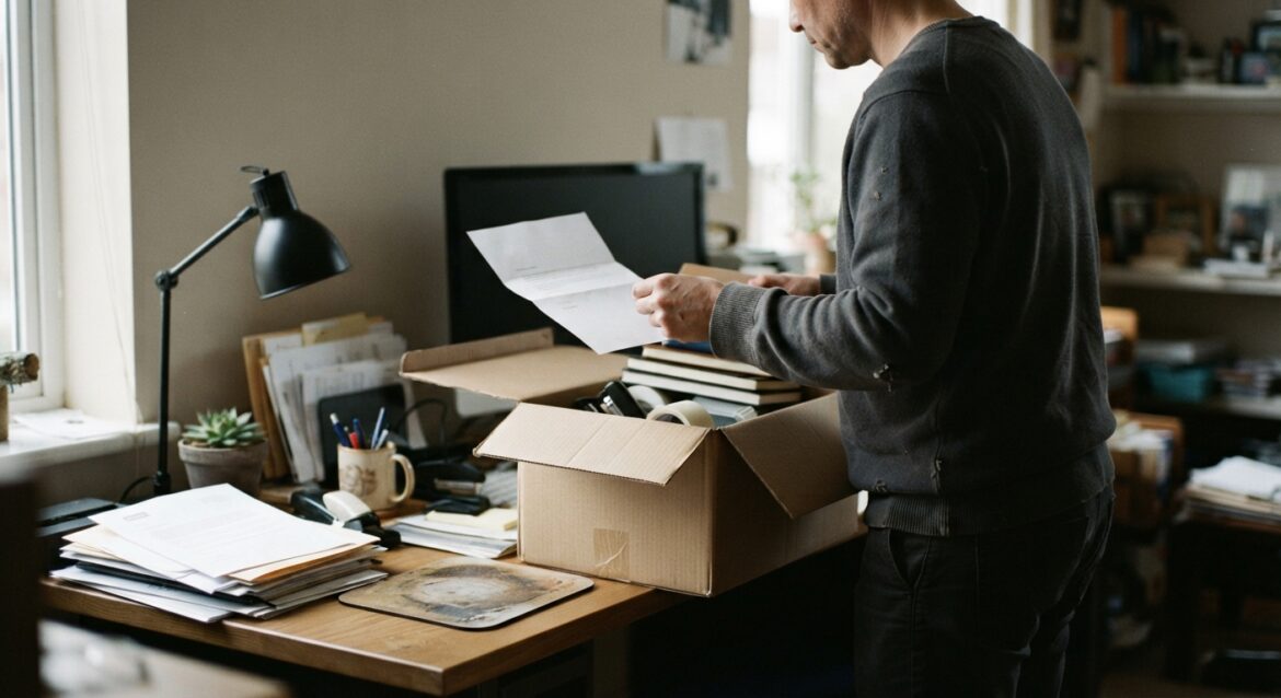 A person packing a small box of desk items while holding a resignation letter